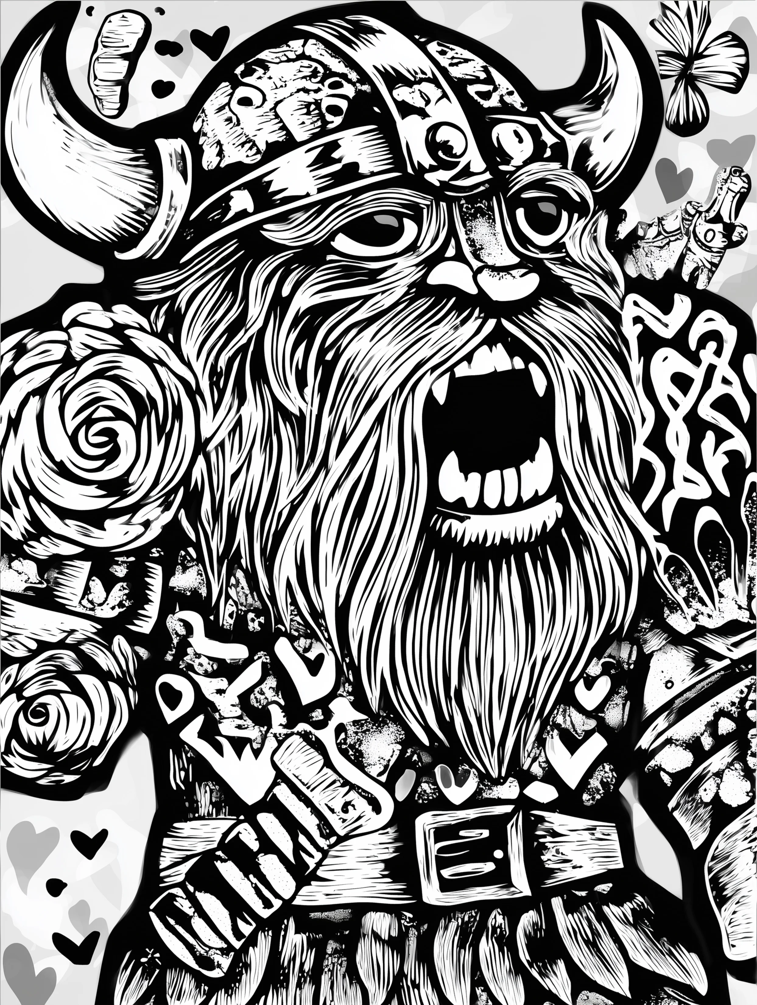 Free printable viking coloring page for adults featuring a viking man with sharp teeth
